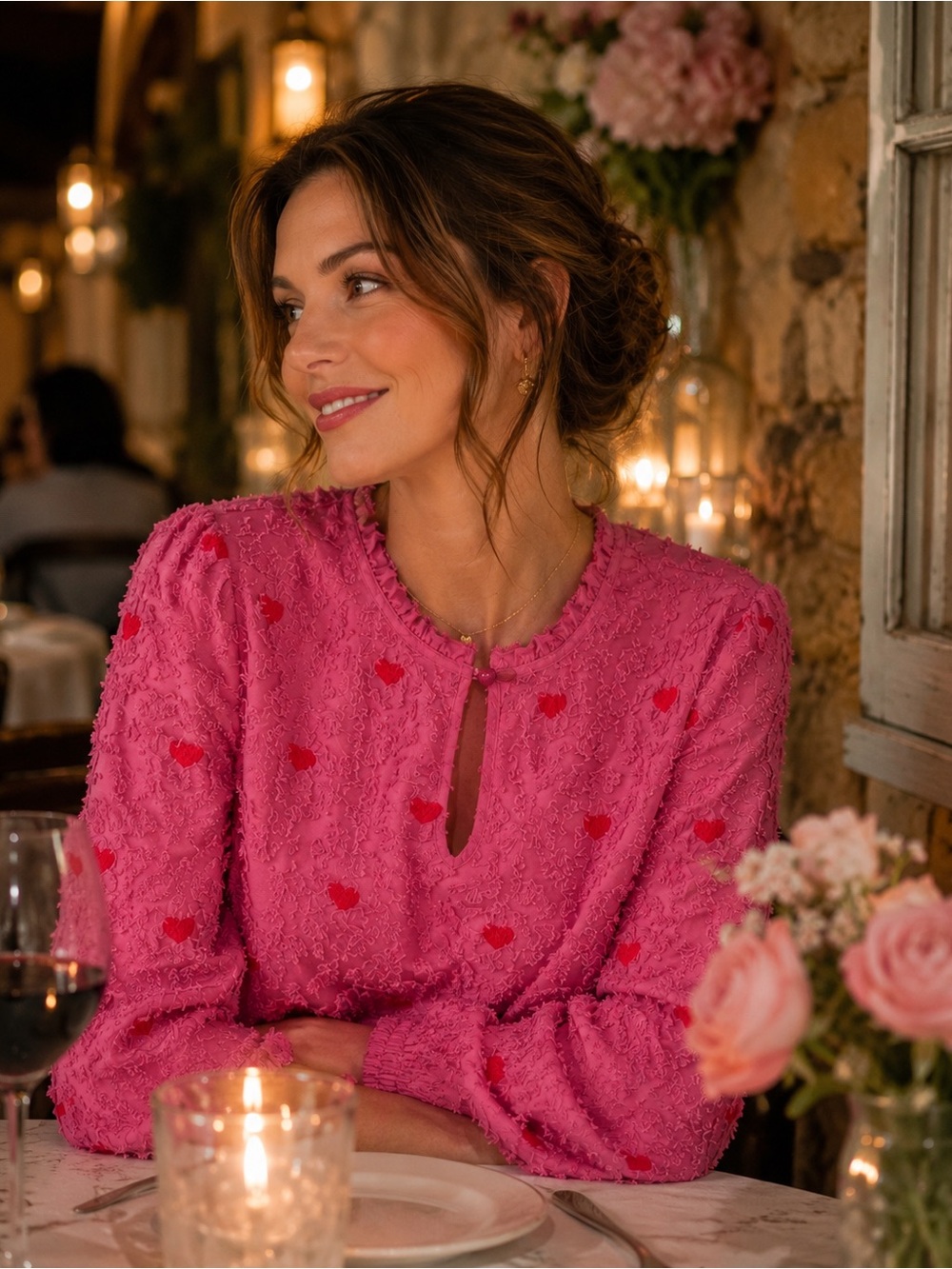Women’s Pink Textured Heart-Detail Blouse